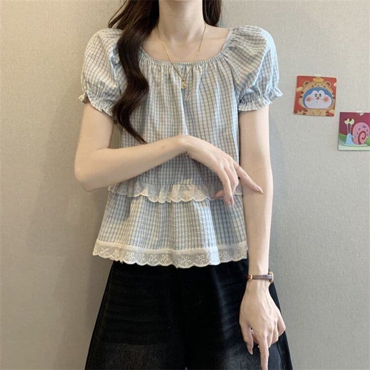 박하 녹색 쇼트 스타일 체크무늬 아마 도파민 맨위 여성 여름 빅 사이즈 지방 mm 인형 셔츠 거품 소매 밝은 셔츠 상세 이미지 12