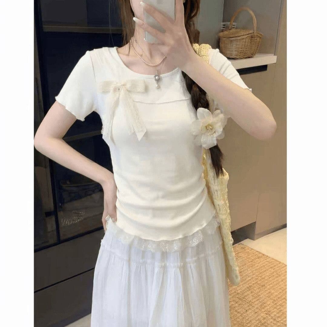 빅 사이즈 지방 mm 여름 달콤한 스타일 레이스 레이스 슬림해 보이는 반팔 티셔츠 여성 의류 특별 잘 생긴 ~ 중 꼬집기 허리 위로 의류 상세 이미지 5