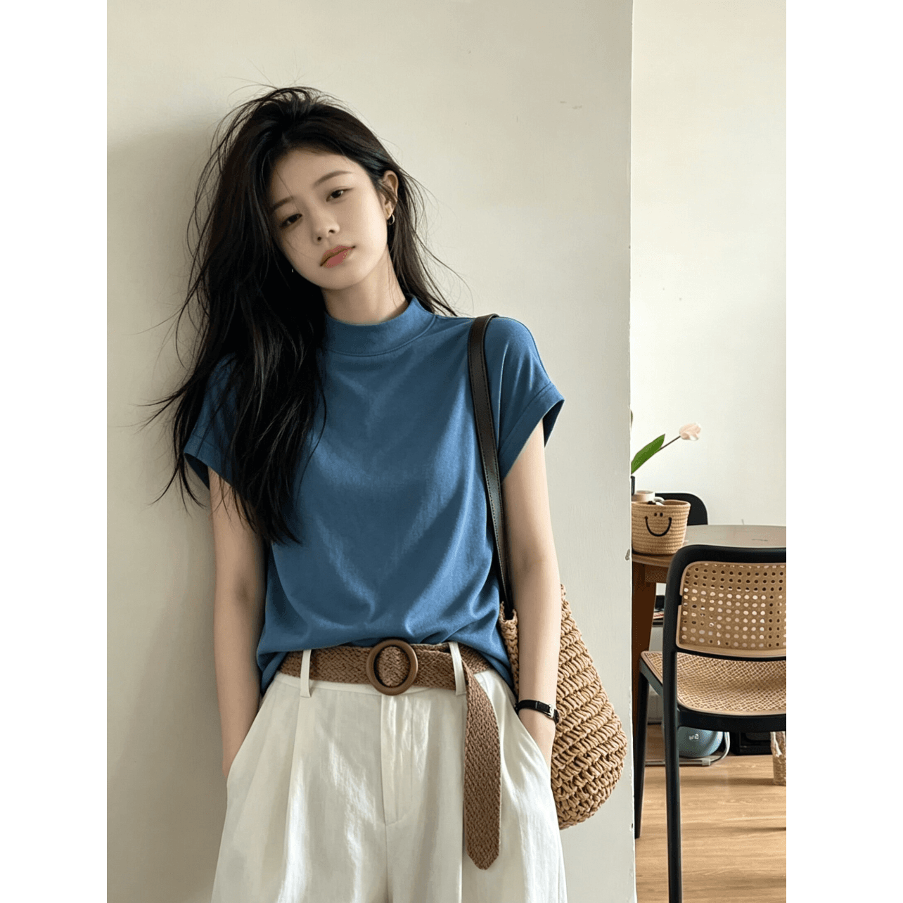 220 그램 물 부드러운 면 95 면 5 암모니아 Lun 반하이넥 긍정적 인 어깨 반팔 티셔츠 여성 여름 새로운 루즈핏 맨위 이미지 2