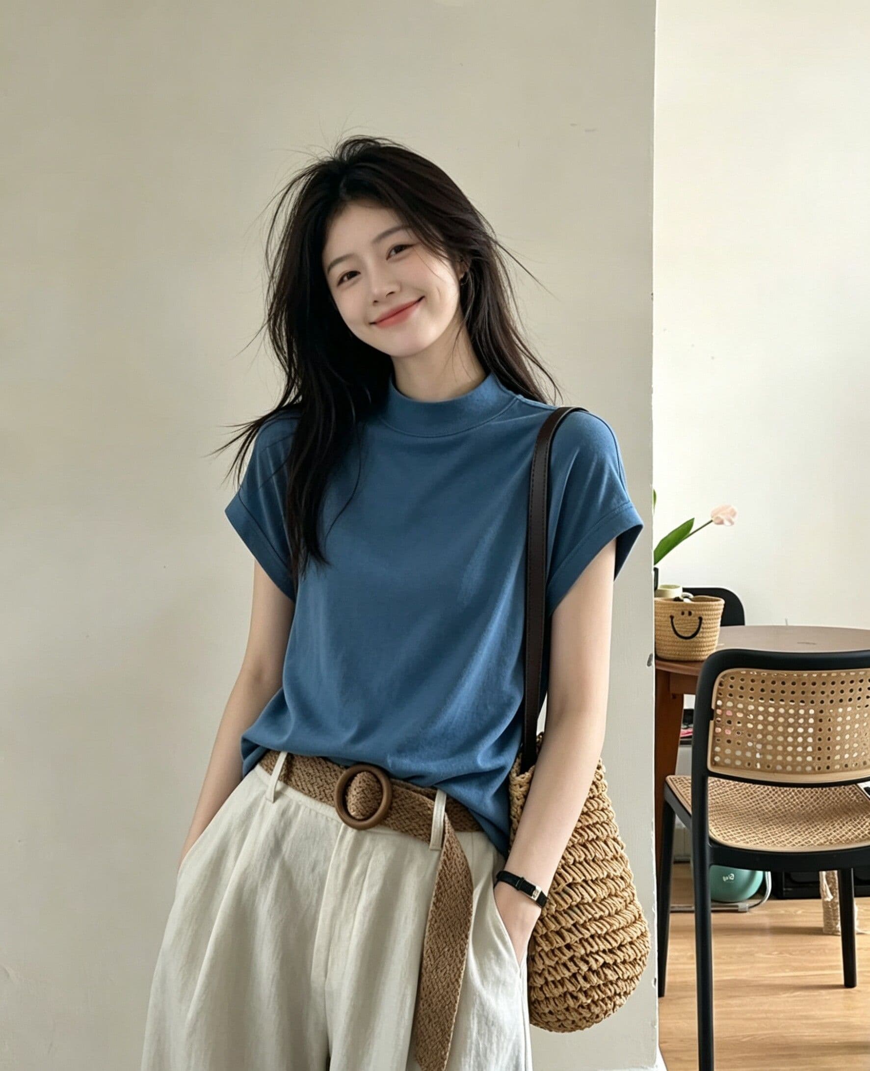 220 그램 물 부드러운 면 95 면 5 암모니아 Lun 반하이넥 긍정적 인 어깨 반팔 티셔츠 여성 여름 새로운 루즈핏 맨위 상세 이미지 2