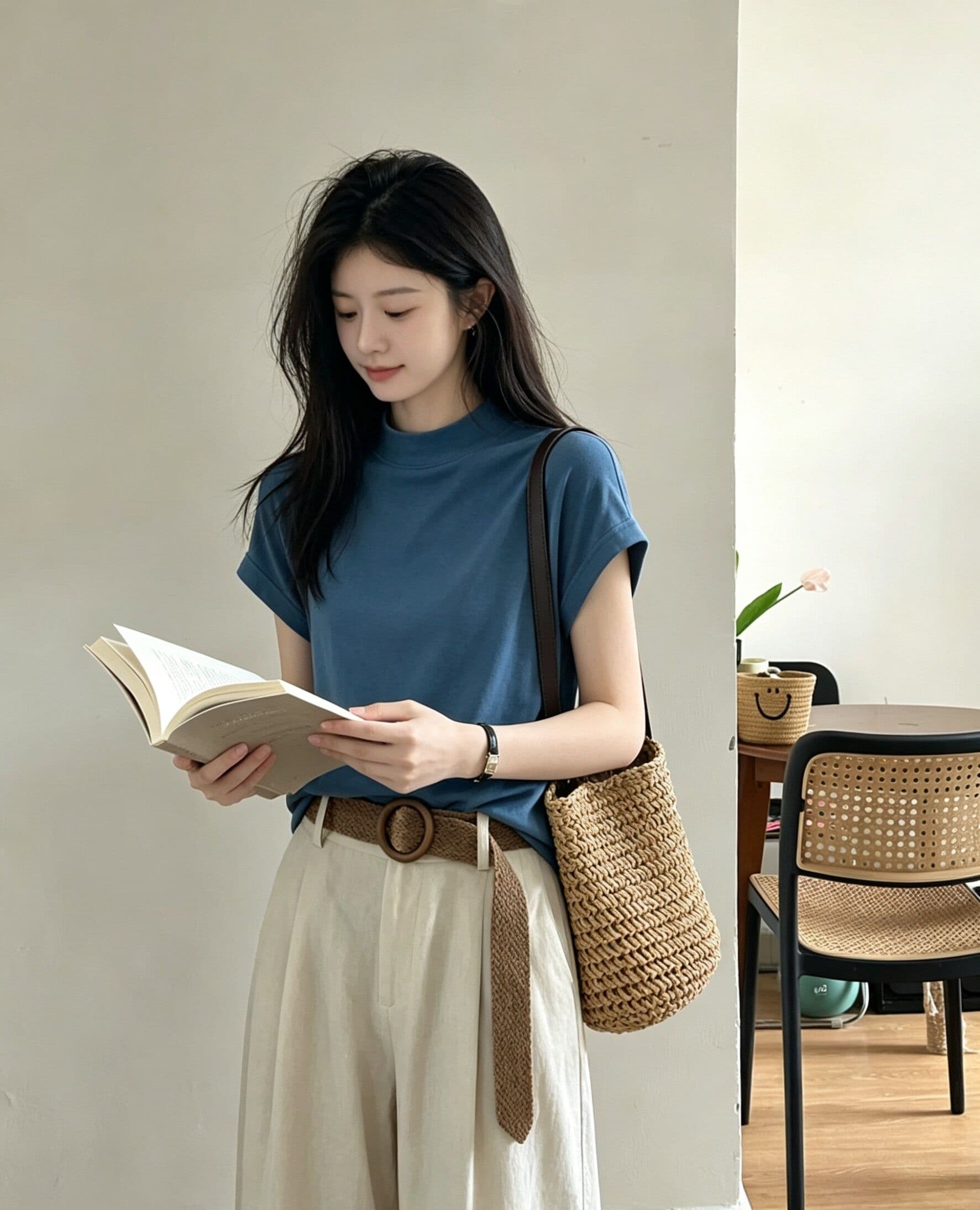 220 그램 물 부드러운 면 95 면 5 암모니아 Lun 반하이넥 긍정적 인 어깨 반팔 티셔츠 여성 여름 새로운 루즈핏 맨위 상세 이미지 3