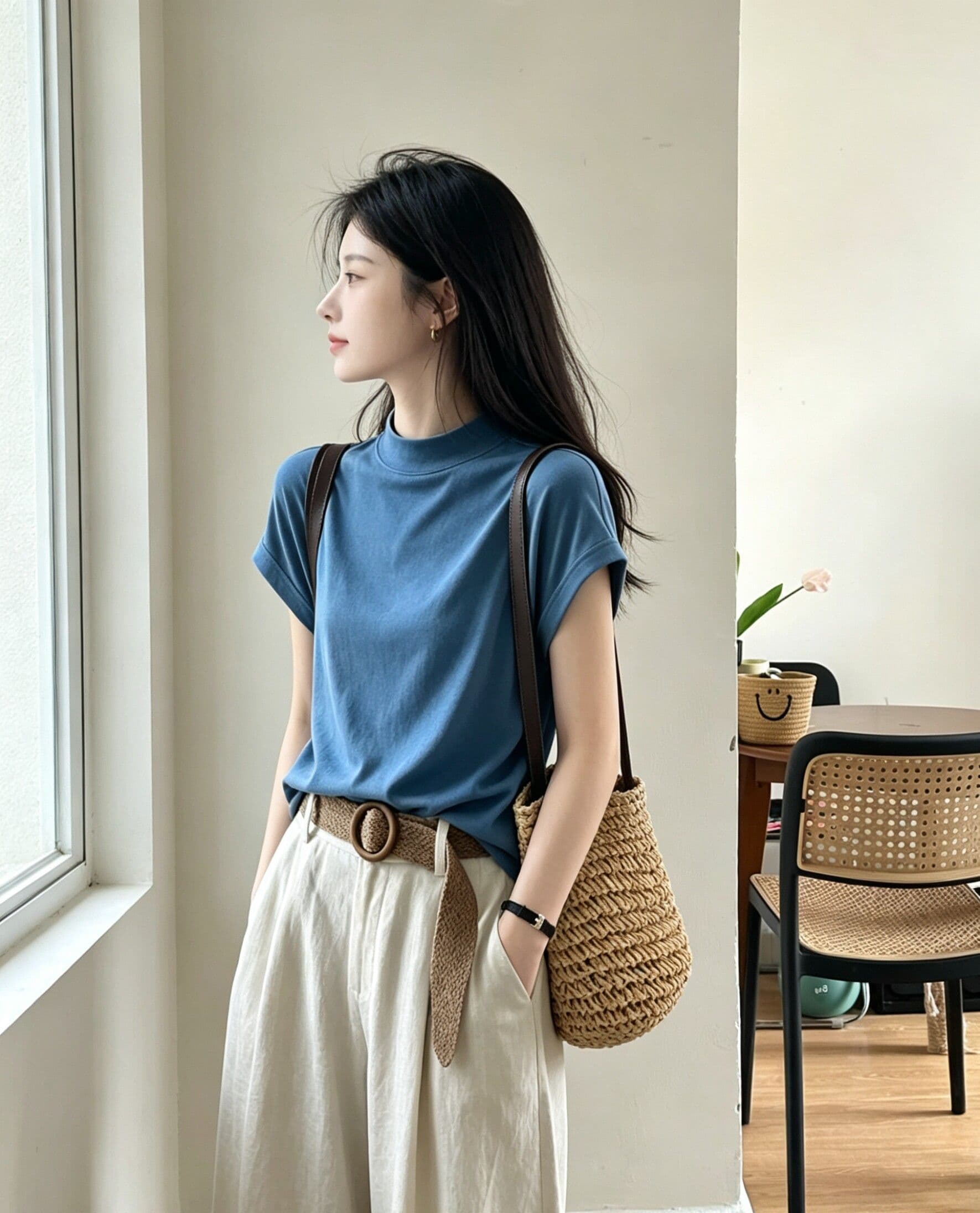 220 그램 물 부드러운 면 95 면 5 암모니아 Lun 반하이넥 긍정적 인 어깨 반팔 티셔츠 여성 여름 새로운 루즈핏 맨위 상세 이미지 4