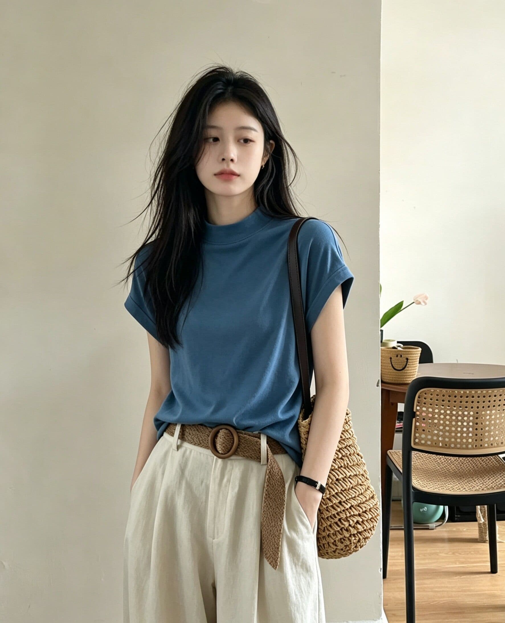 220 그램 물 부드러운 면 95 면 5 암모니아 Lun 반하이넥 긍정적 인 어깨 반팔 티셔츠 여성 여름 새로운 루즈핏 맨위 상세 이미지 5