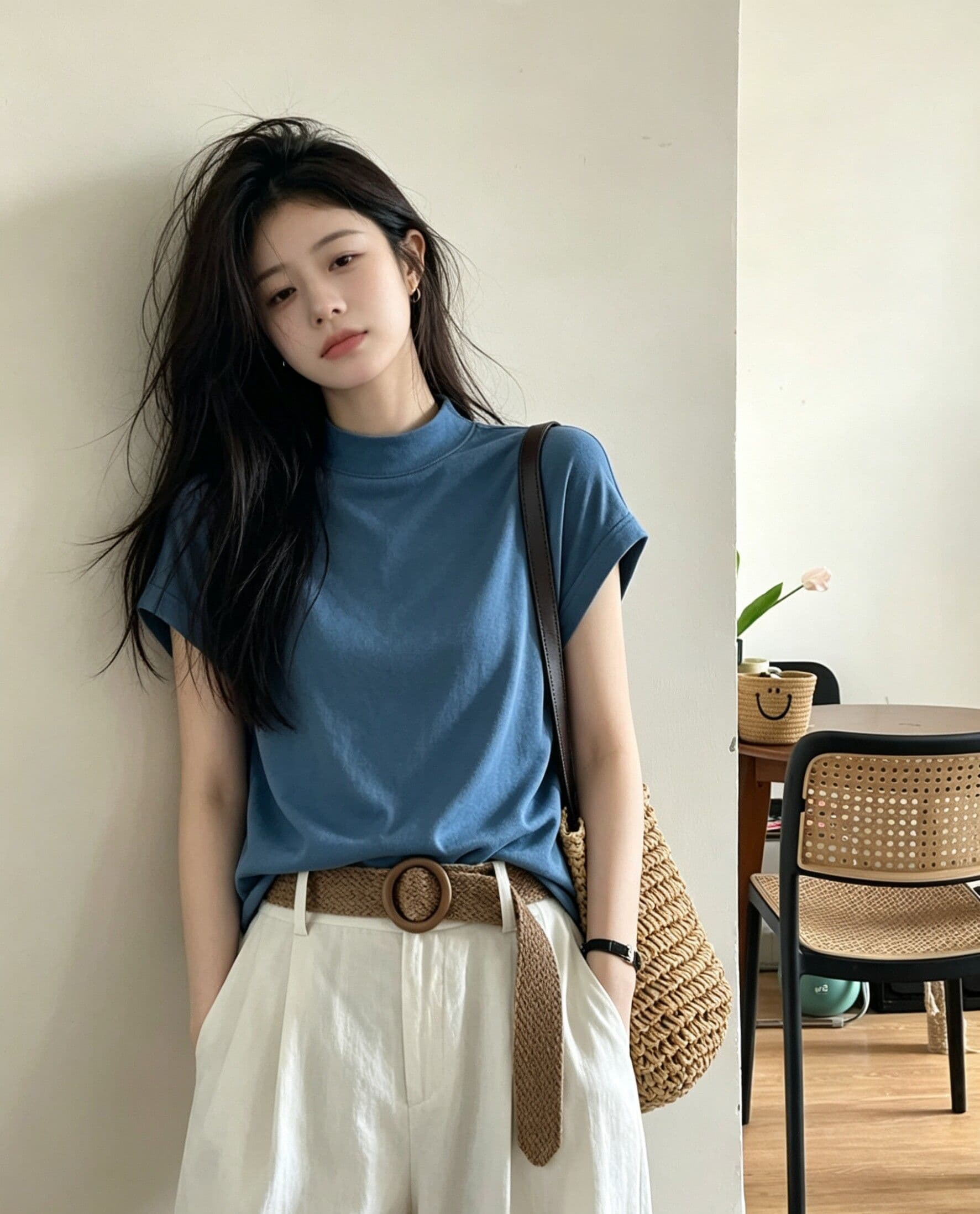220 그램 물 부드러운 면 95 면 5 암모니아 Lun 반하이넥 긍정적 인 어깨 반팔 티셔츠 여성 여름 새로운 루즈핏 맨위 상세 이미지 6