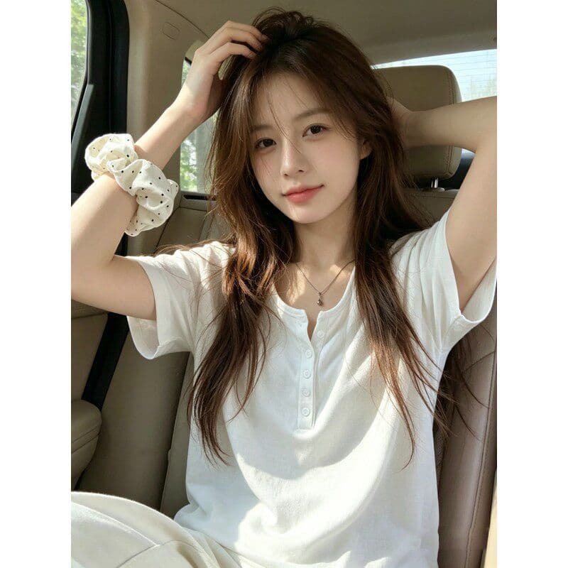 165 그램 눈꽃 면 65 면 35 폴리 에스터 반팔 티셔츠 여성 여름 루즈핏 슬림해 보이는 다용도 캐주얼 느긋한 맨위 상세 이미지 3