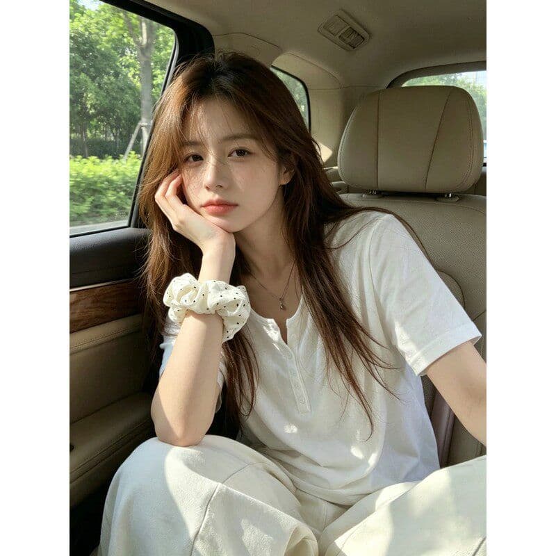 165 그램 눈꽃 면 65 면 35 폴리 에스터 반팔 티셔츠 여성 여름 루즈핏 슬림해 보이는 다용도 캐주얼 느긋한 맨위 상세 이미지 4