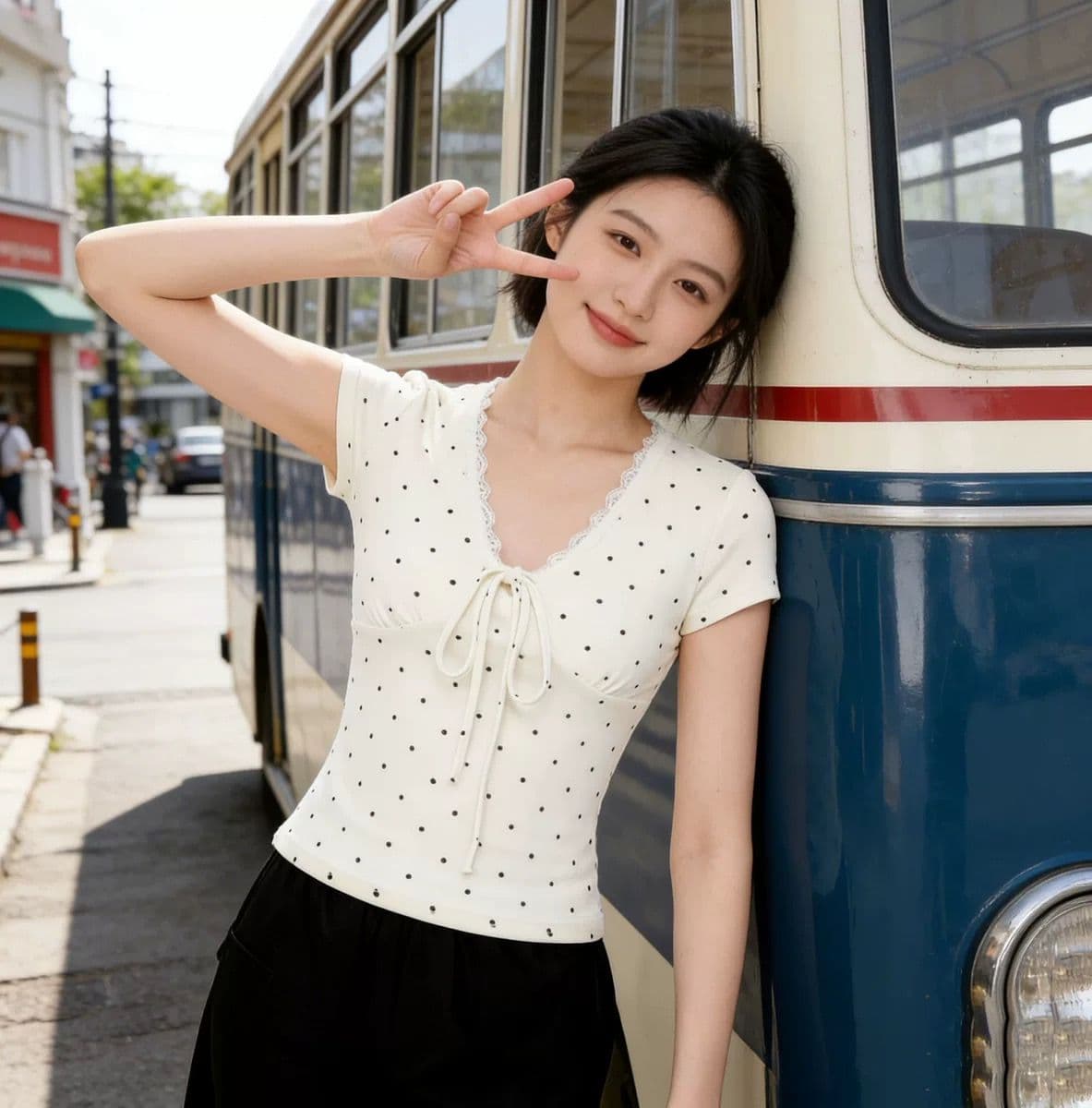 달콤한 매운맛 바람 도트 무늬 V넥 레이스업 몸매 가꾸기 반팔 티셔츠 여름 레이스 레이스 miu 첨부 된 의류 여성 상세 이미지 9