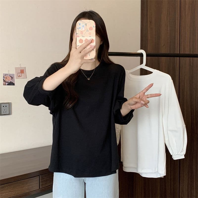 실사 후아 면 벌룬 소매 티셔츠 여성 봄 가을 새로운 루즈핏 다용도 7부 소매 맨위 만나는 작은 셔츠