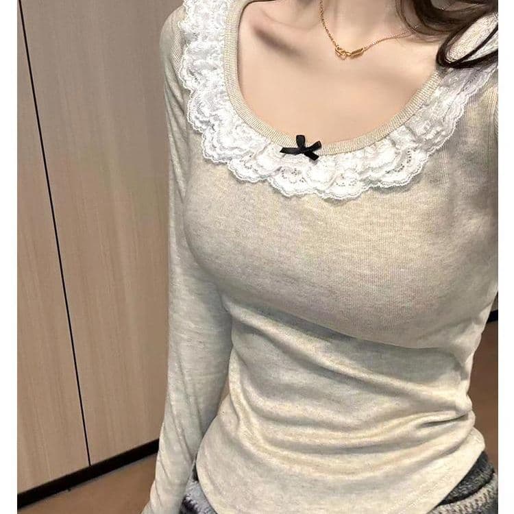 레이스 레이스 프랑스식 발레 바람 만나는 작은 셔츠 티셔츠 여성 u 칼라 나비 매듭 긴팔 인사이드 가져 가라. 가을 맨위 이미지 3