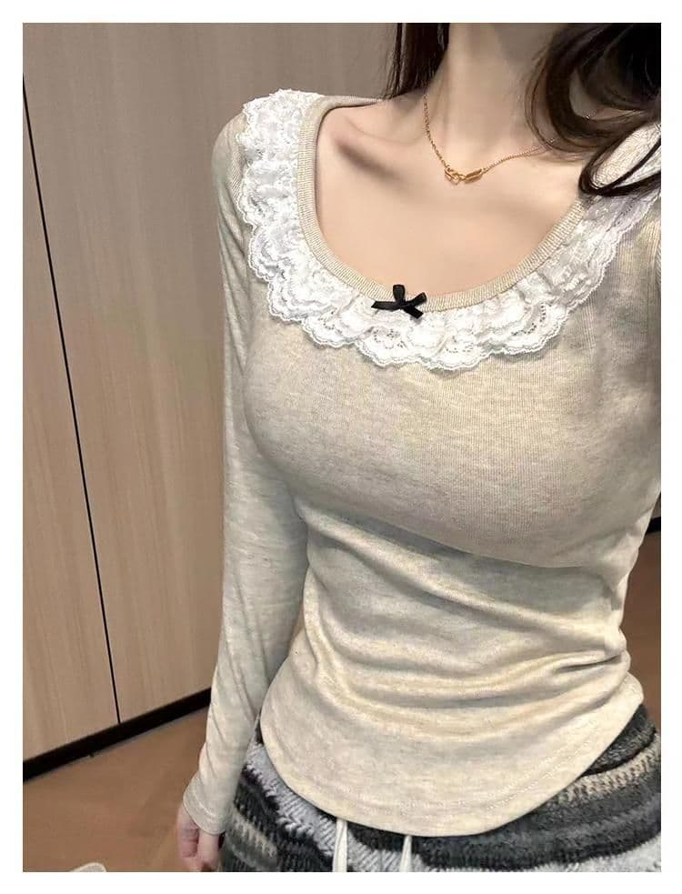 레이스 레이스 프랑스식 발레 바람 만나는 작은 셔츠 티셔츠 여성 u 칼라 나비 매듭 긴팔 인사이드 가져 가라. 가을 맨위 상세 이미지 7
