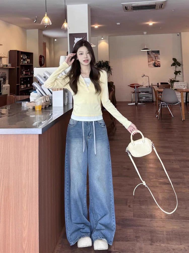 순면 리브 페이크 레이어드 긴팔 티셔츠 여성 가을 겨울 몸매 가꾸기 작은 키 쇼트 스타일 긍정적 인 어깨 만나는 맨위 상세 이미지 4