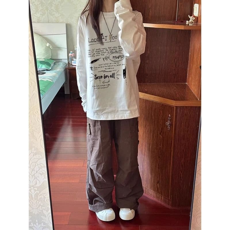 2026 년 21 순면 210 그램 순면 가을 의상 긴팔 티셔츠 여성 루즈핏 맨위 프린트 상세 이미지 6
