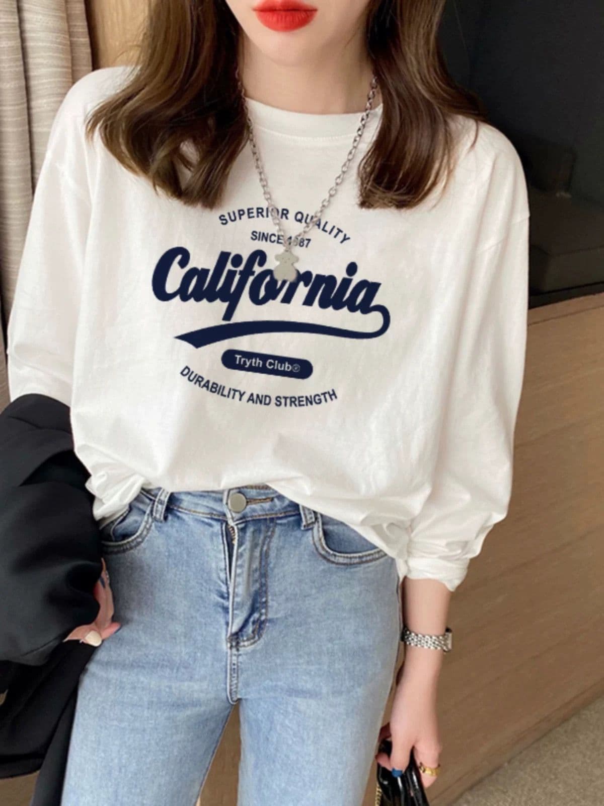 2026 년 21 순면 210 그램 순면 가을 의상 긴팔 티셔츠 여성 루즈핏 맨위 프린트 이미지 3