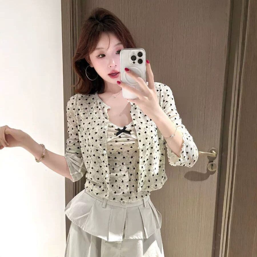 원본 실버 라인 홀치기 염색 하트 식물 플러시 사실 투피스 세트 오픈 가디건 여성 여름 인사이드 가져 가라. 레이스 조각 휴대 전화