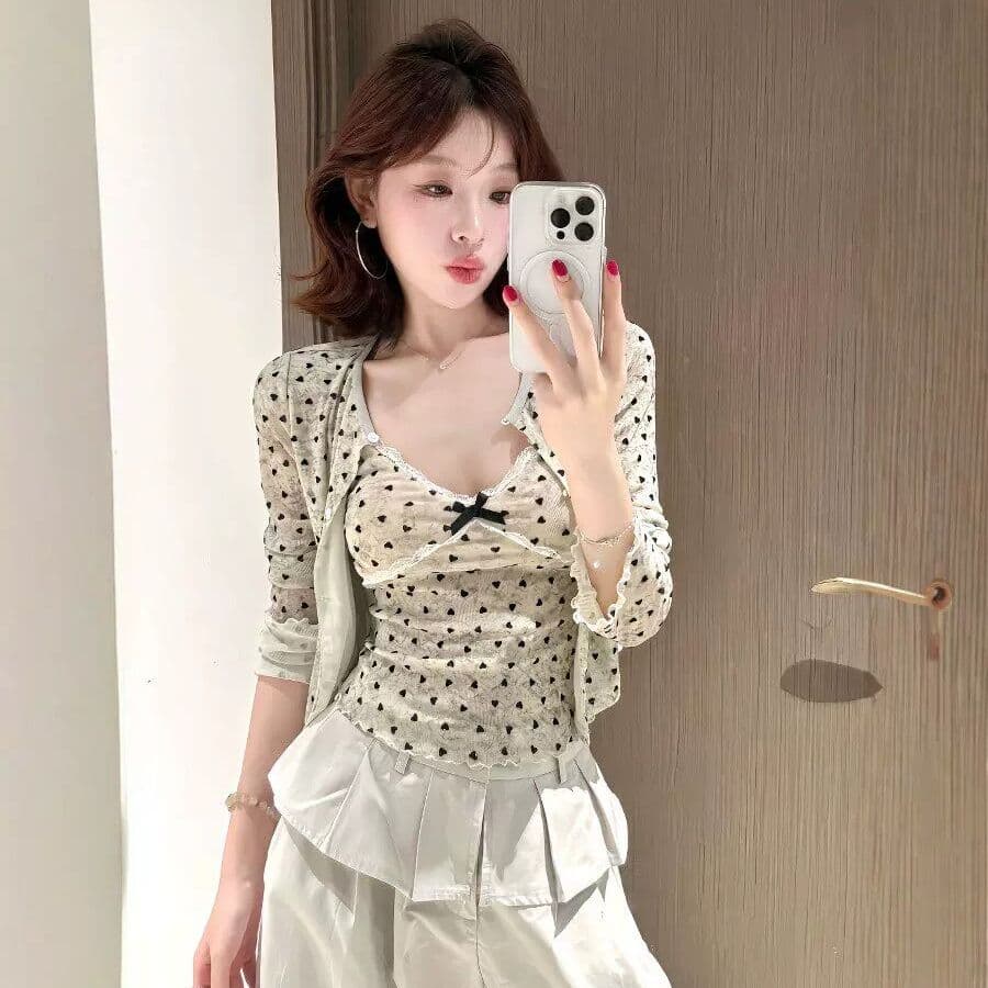 원본 실버 라인 홀치기 염색 하트 식물 플러시 사실 투피스 세트 오픈 가디건 여성 여름 인사이드 가져 가라. 레이스 조각 휴대 전화 이미지 4