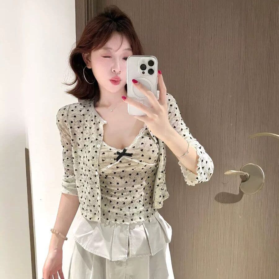 원본 실버 라인 홀치기 염색 하트 식물 플러시 사실 투피스 세트 오픈 가디건 여성 여름 인사이드 가져 가라. 레이스 조각 휴대 전화 이미지 2