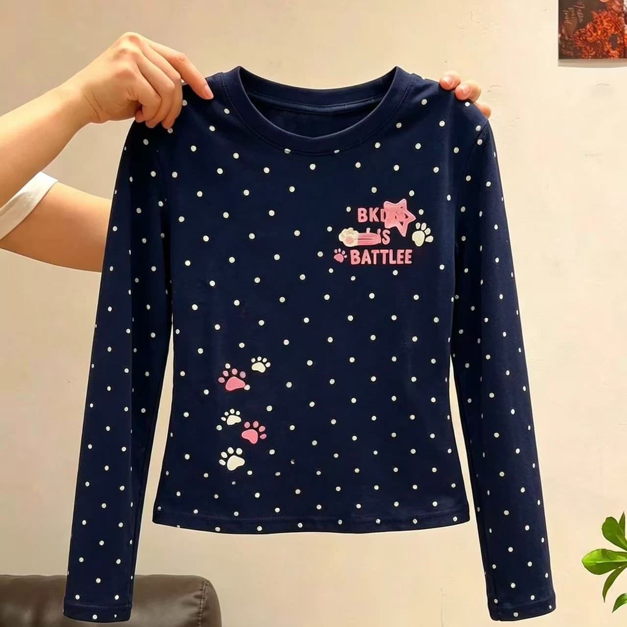 220 그램 40 빗질하다 92 면 이후 패키지 칼라 프린트 도트 무늬 긴팔 티셔츠 여성 몸매 가꾸기 라운드 넥 맨위 이미지 5
