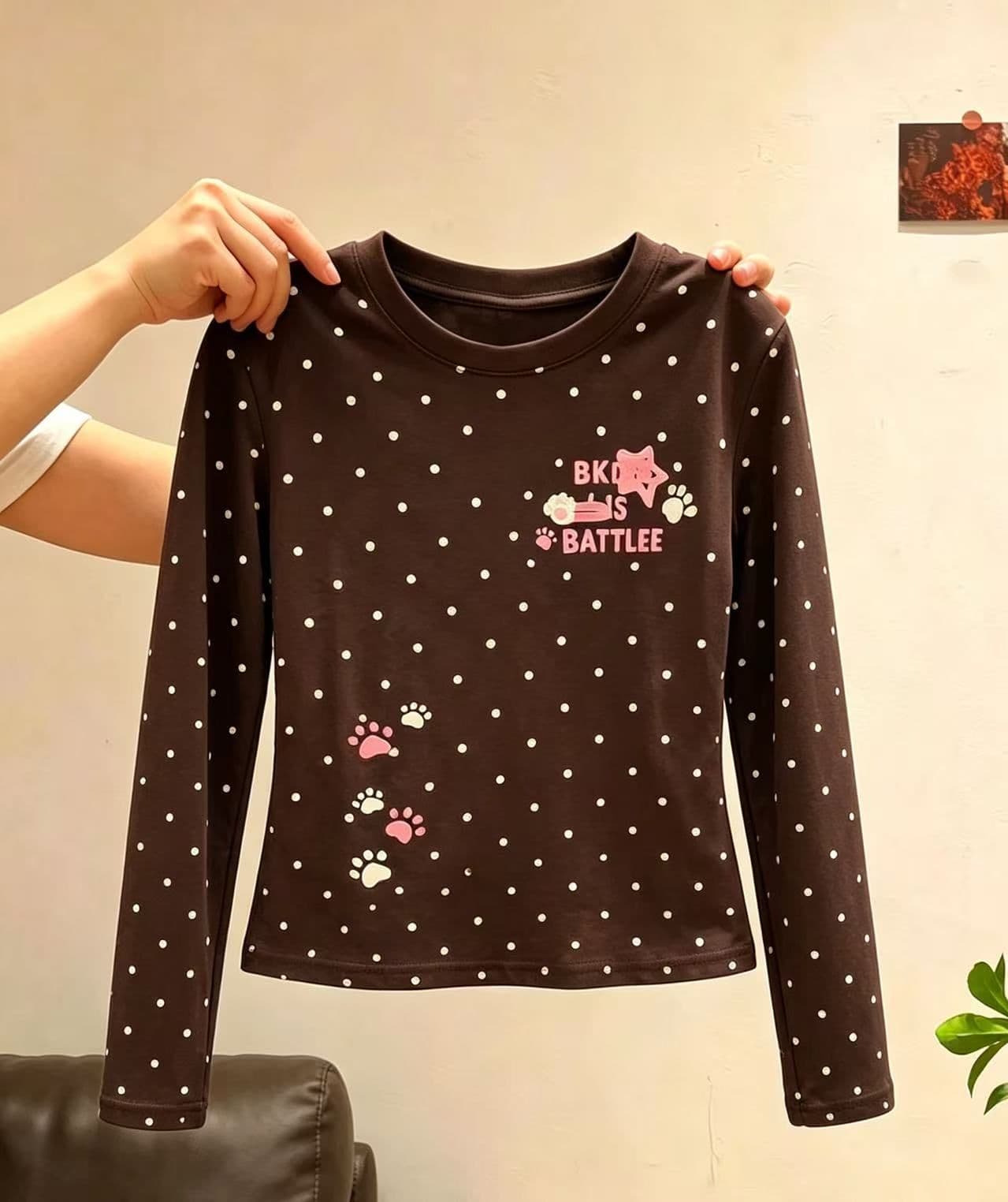 220 그램 40 빗질하다 92 면 이후 패키지 칼라 프린트 도트 무늬 긴팔 티셔츠 여성 몸매 가꾸기 라운드 넥 맨위 상세 이미지 6