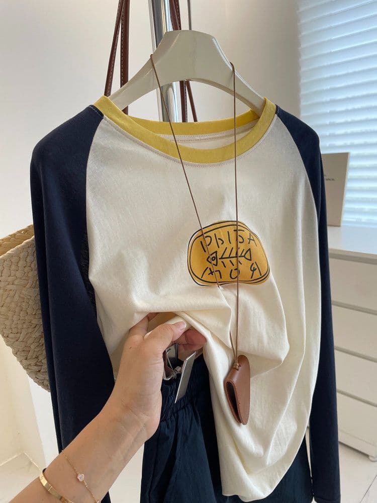 2026 가을 눈꽃 면 특별 빅 사이즈 300 근 배색 삽입 어깨 소매 얇고 가벼운 자외선 차단 긴 소매 티셔츠 여성 루즈핏 맨위 상세 이미지 2
