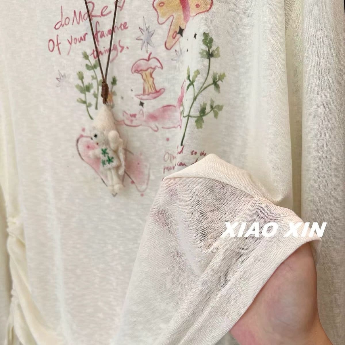 눈꽃 면 특별 빅 사이즈 300 근 레이스 측면 보트넥 주름 얇은 긴팔 티셔츠 여성 자외선 차단 의류 이미지 5