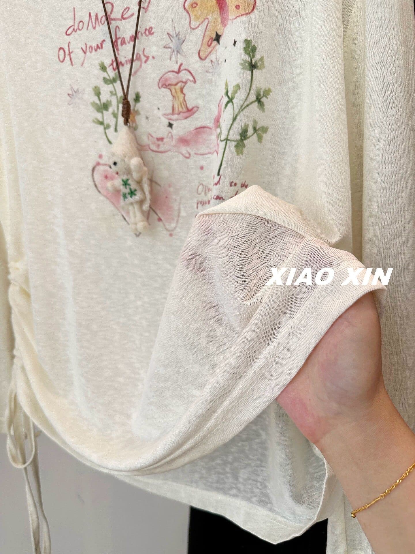 눈꽃 면 특별 빅 사이즈 300 근 레이스 측면 보트넥 주름 얇은 긴팔 티셔츠 여성 자외선 차단 의류 상세 이미지 6