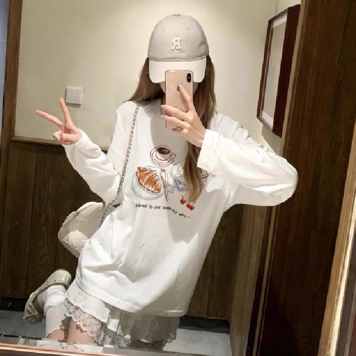 210 그램 21 이후 패키지 칼라 프린트 가을 의상 긴팔 티셔츠 여성 루즈핏 순면 라운드 넥 맨위