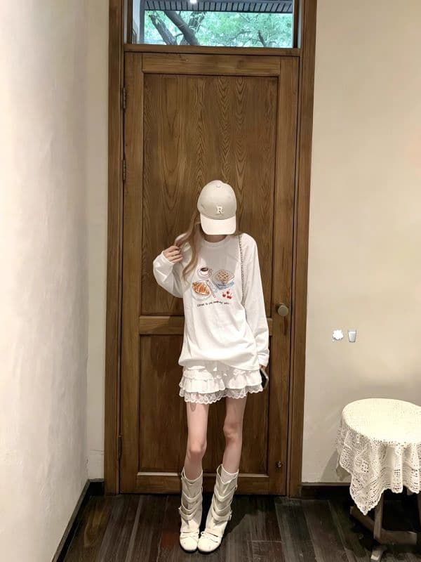 210 그램 21 이후 패키지 칼라 프린트 가을 의상 긴팔 티셔츠 여성 루즈핏 순면 라운드 넥 맨위 이미지 4