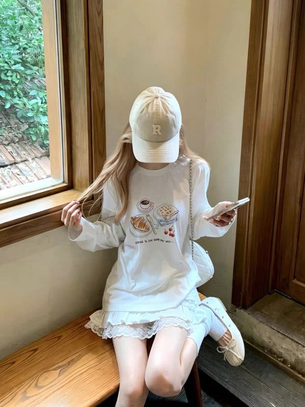 210 그램 21 이후 패키지 칼라 프린트 가을 의상 긴팔 티셔츠 여성 루즈핏 순면 라운드 넥 맨위 상세 이미지 3