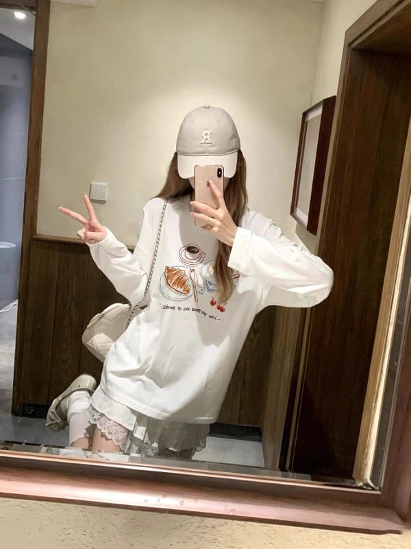 210 그램 21 이후 패키지 칼라 프린트 가을 의상 긴팔 티셔츠 여성 루즈핏 순면 라운드 넥 맨위 상세 이미지 4