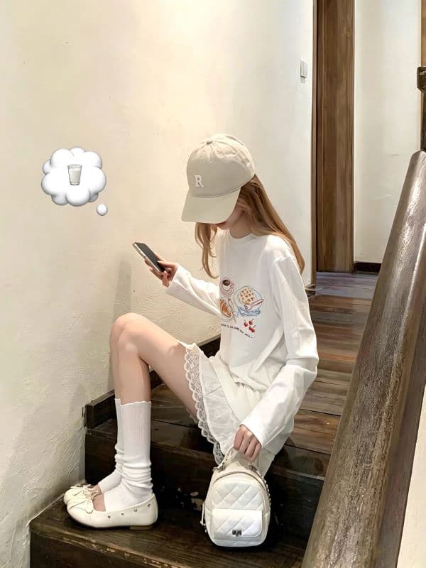 210 그램 21 이후 패키지 칼라 프린트 가을 의상 긴팔 티셔츠 여성 루즈핏 순면 라운드 넥 맨위 상세 이미지 6