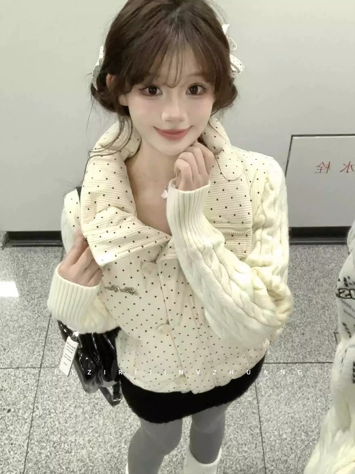 한 부서 달콤함 도트 무늬 니트 패치워크 긴팔 면 의류 여성 코트 겨울 루즈핏 두꺼운 쇼트 스타일 보온 패딩 재킷 상세 이미지 5
