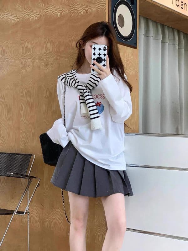 210 그램 21 이후 패키지 칼라 프린트 가을 의상 긴팔 티셔츠 여성 루즈핏 순면 라운드 넥 맨위 이미지 2