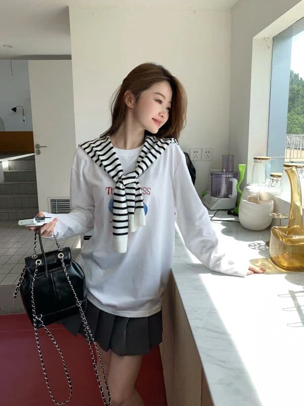 210 그램 21 이후 패키지 칼라 프린트 가을 의상 긴팔 티셔츠 여성 루즈핏 순면 라운드 넥 맨위 이미지 4