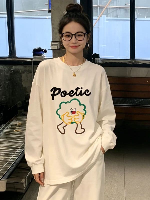 210 그램 21 이후 패키지 칼라 프린트 가을 뭉치 구두 긴팔 티셔츠 여성 루즈핏 순면 라운드 넥 맨위 이미지 2