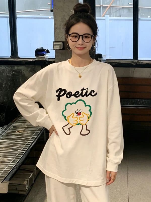 210 그램 21 이후 패키지 칼라 프린트 가을 뭉치 구두 긴팔 티셔츠 여성 루즈핏 순면 라운드 넥 맨위 상세 이미지 2