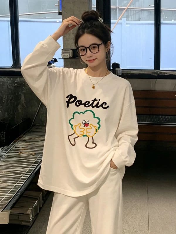 210 그램 21 이후 패키지 칼라 프린트 가을 뭉치 구두 긴팔 티셔츠 여성 루즈핏 순면 라운드 넥 맨위 상세 이미지 6