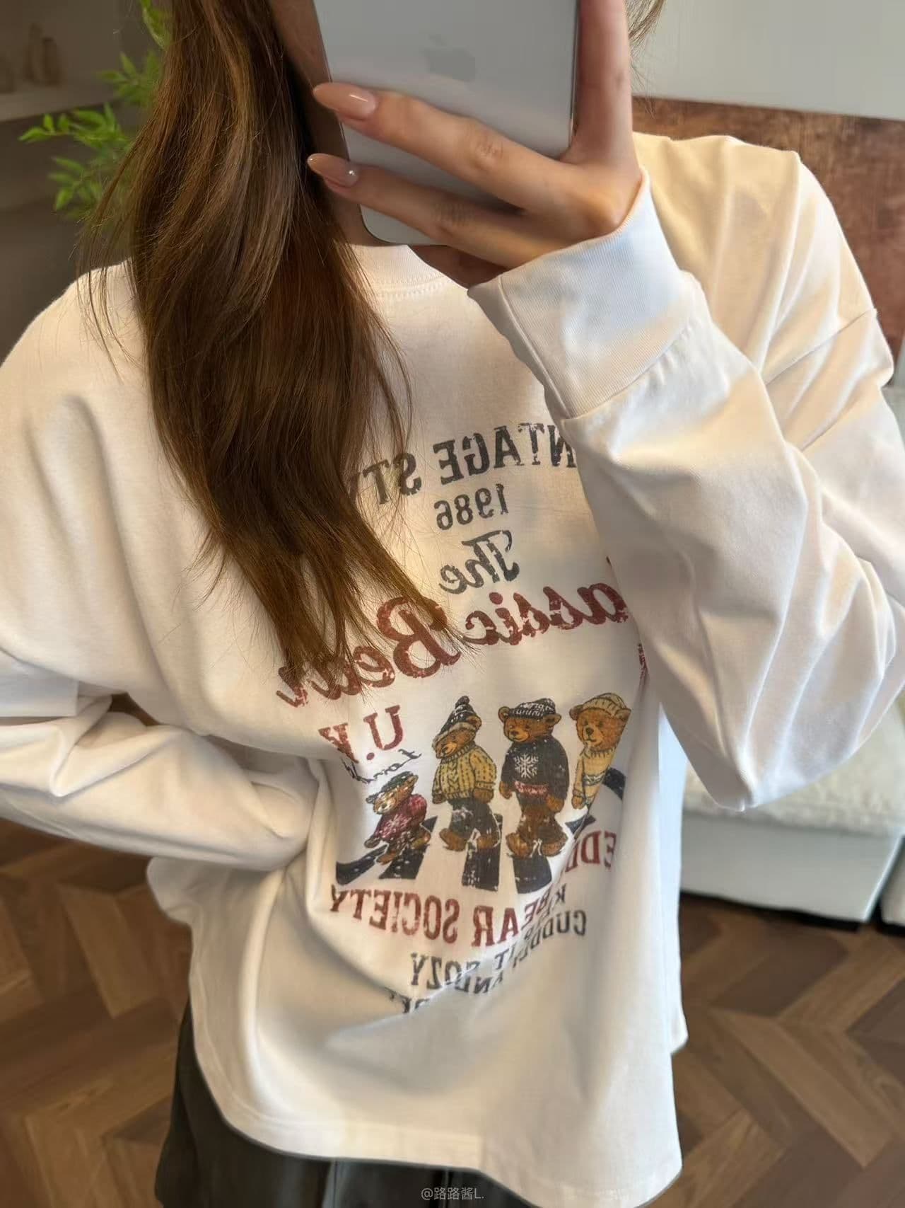 210 그램 21 이후 패키지 칼라 프린트 가을 뭉치 구두 긴팔 티셔츠 여성 루즈핏 순면 라운드 넥 맨위 이미지 3