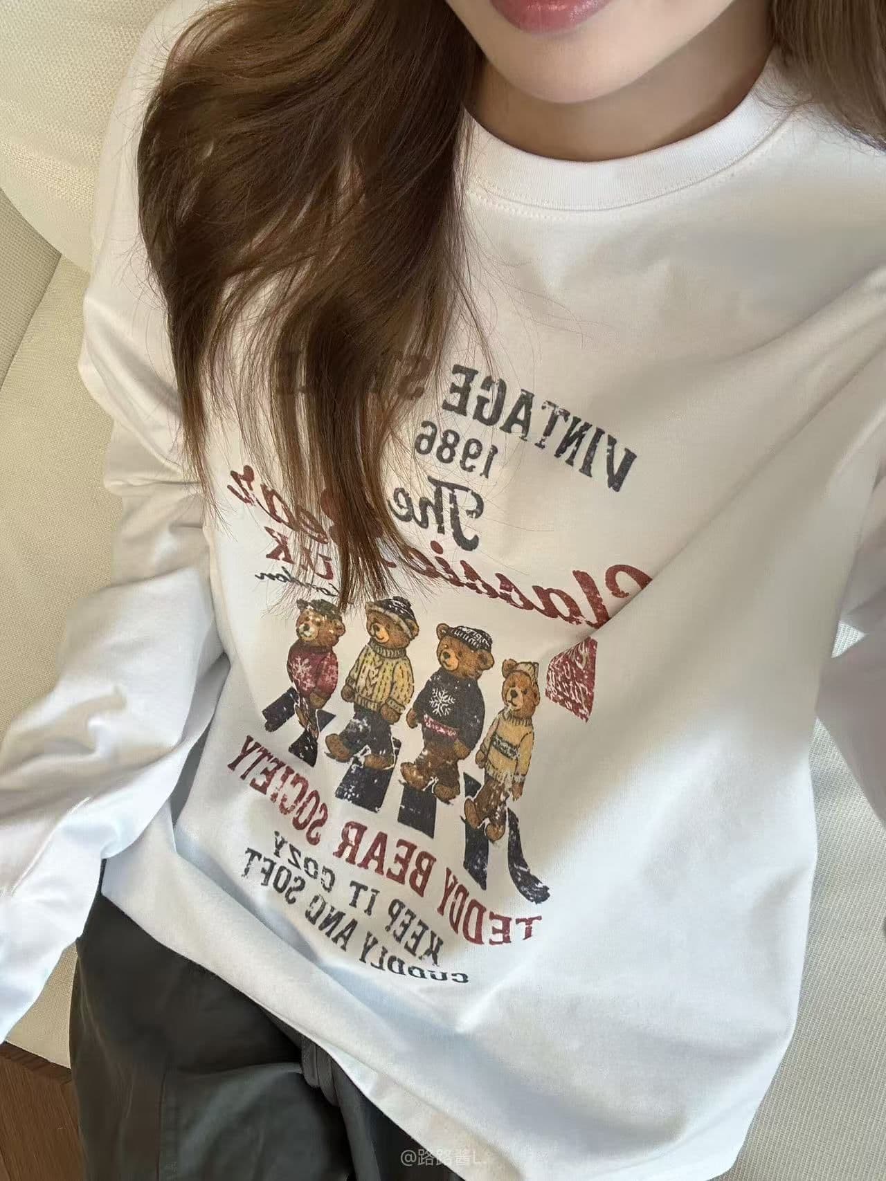210 그램 21 이후 패키지 칼라 프린트 가을 뭉치 구두 긴팔 티셔츠 여성 루즈핏 순면 라운드 넥 맨위 이미지 4