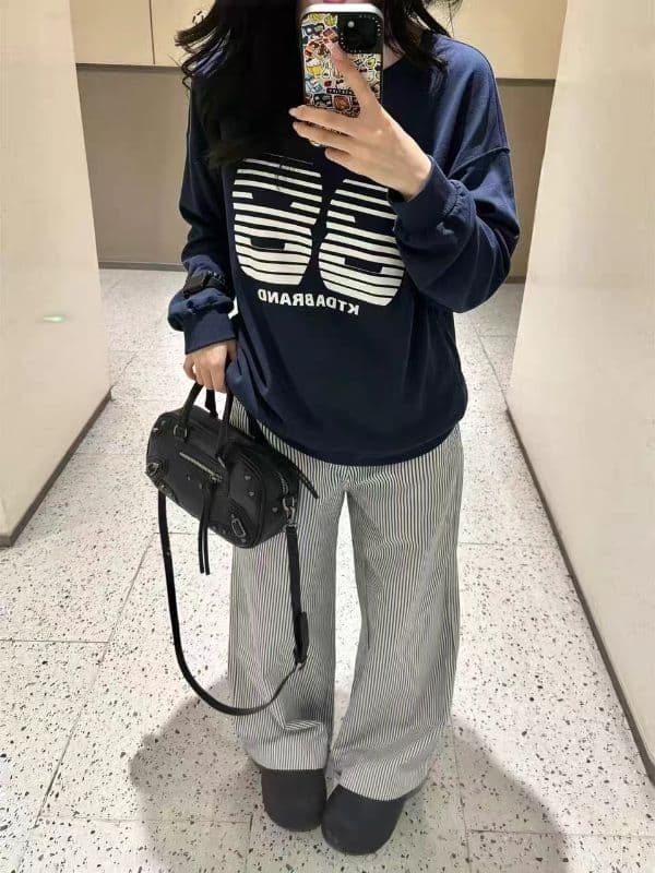 210 그램 21 이후 패키지 칼라 프린트 가을 뭉치 구두 긴팔 티셔츠 여성 루즈핏 순면 라운드 넥 맨위 상세 이미지 2