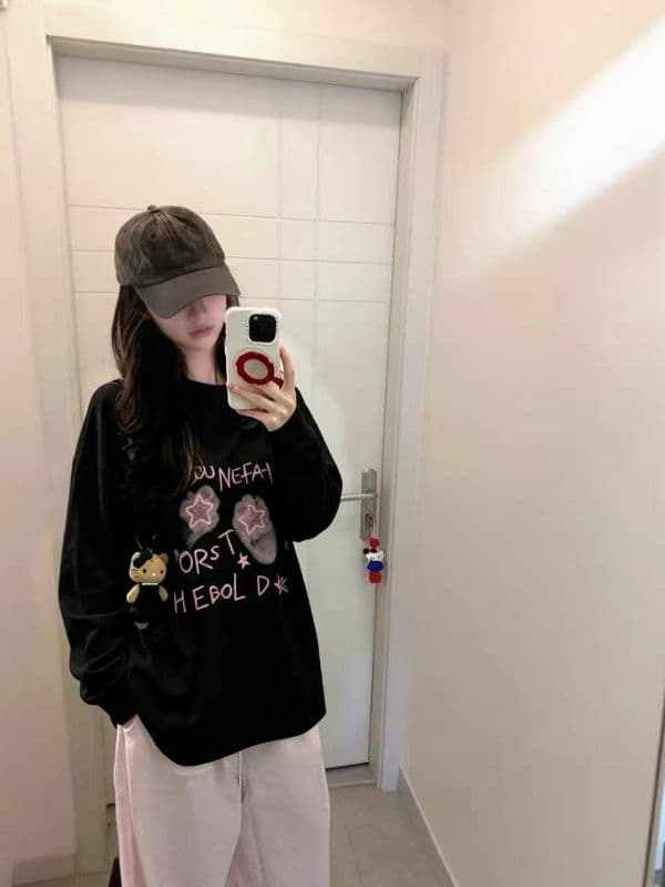 210 그램 21 이후 패키지 칼라 프린트 가을 뭉치 구두 긴팔 티셔츠 여성 루즈핏 순면 라운드 넥 맨위 이미지 4