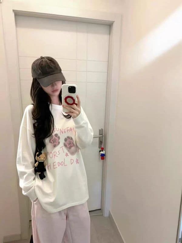 210 그램 21 이후 패키지 칼라 프린트 가을 뭉치 구두 긴팔 티셔츠 여성 루즈핏 순면 라운드 넥 맨위 상세 이미지 2