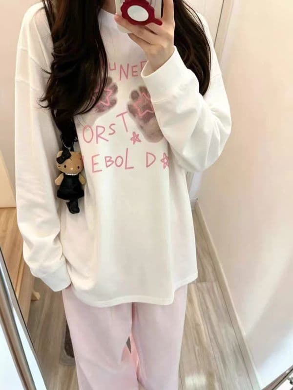 210 그램 21 이후 패키지 칼라 프린트 가을 뭉치 구두 긴팔 티셔츠 여성 루즈핏 순면 라운드 넥 맨위 상세 이미지 3