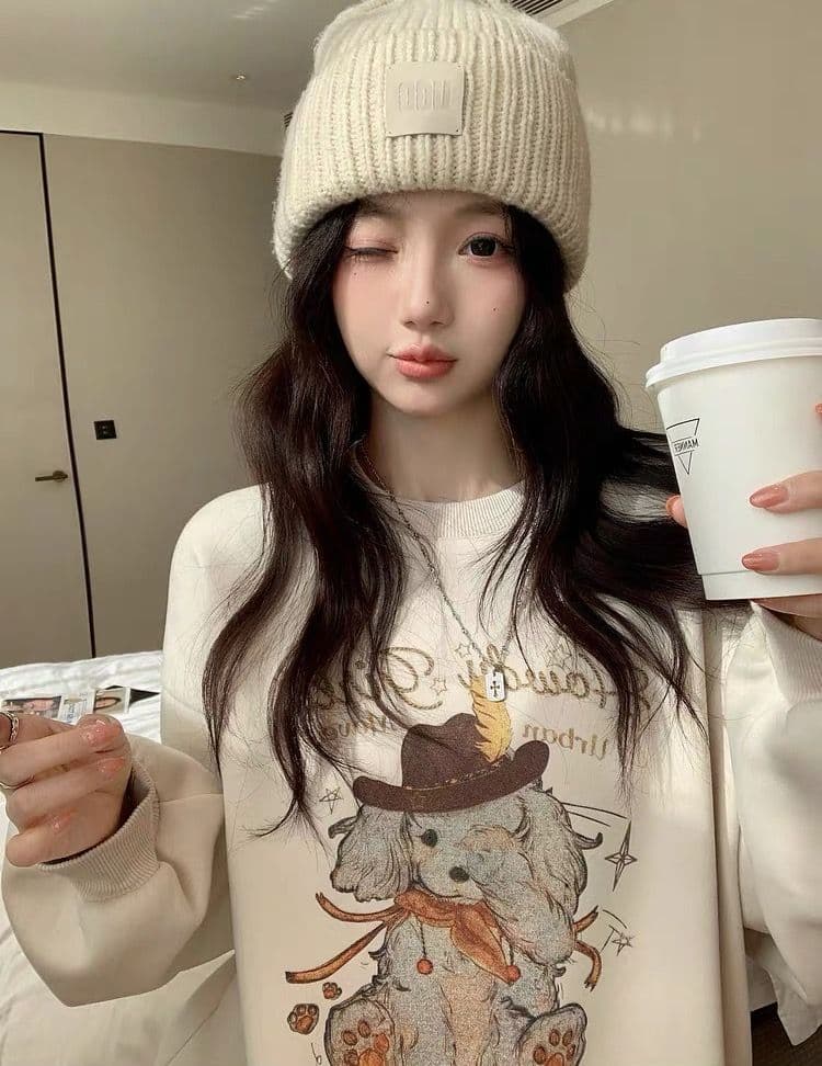 2026 가을 후아 면 복합 프린트 라운드 넥 후드티 여성 얇은 스타일 털이 있는 상세 이미지 5