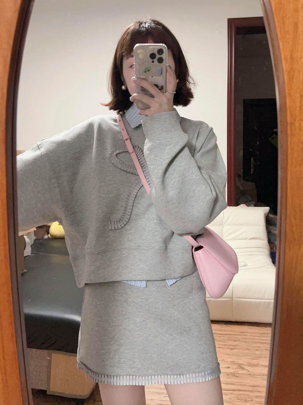 회색 나비 매듭 풀오버 없음 모자 긴팔 후드티 여성 가을 가을 겨울철 작은 키 루즈핏 긍정적 인 어깨 쇼트 스타일 맨위 상세 이미지 5