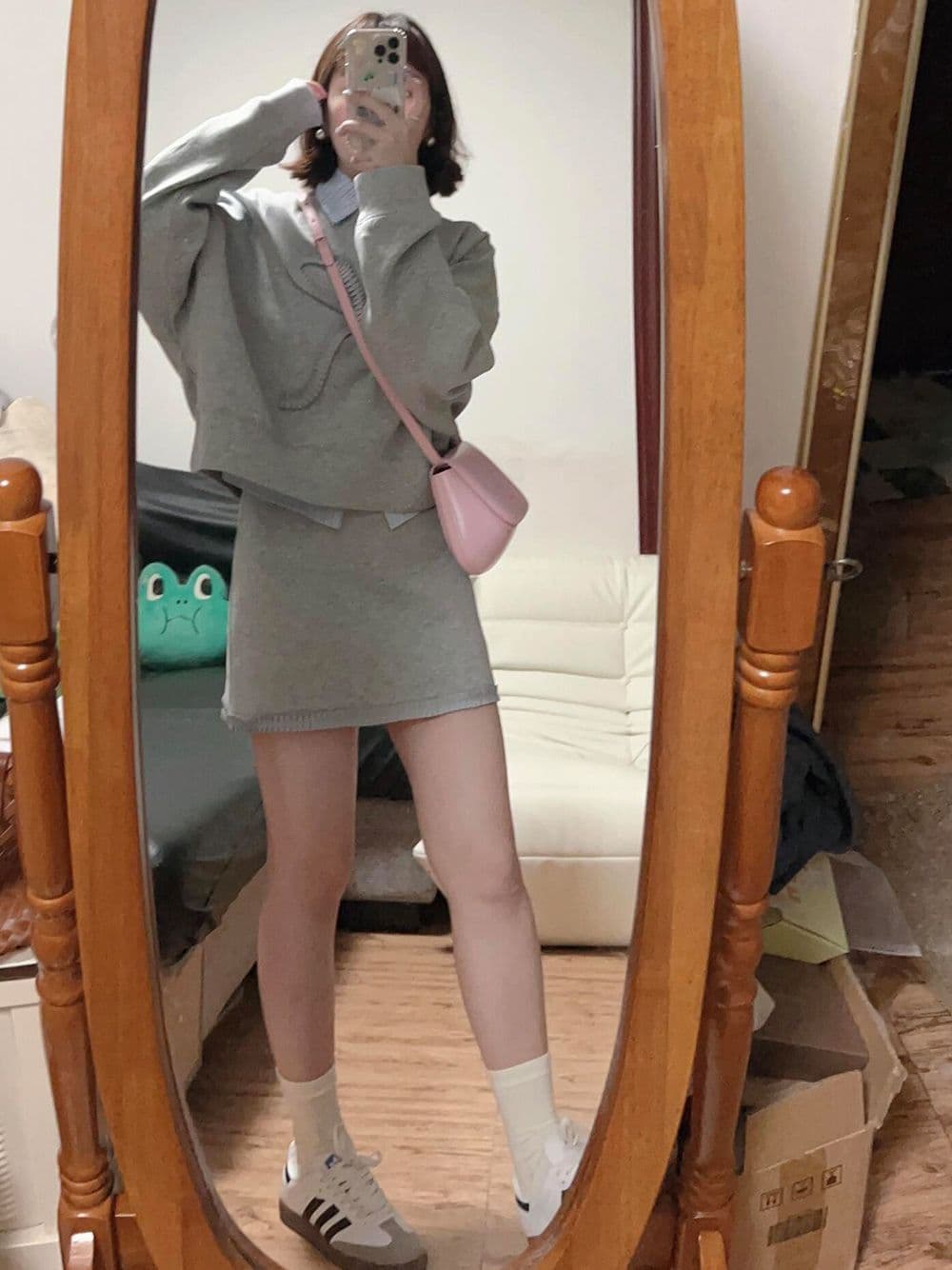 회색 나비 매듭 풀오버 없음 모자 긴팔 후드티 여성 가을 가을 겨울철 작은 키 루즈핏 긍정적 인 어깨 쇼트 스타일 맨위 상세 이미지 6