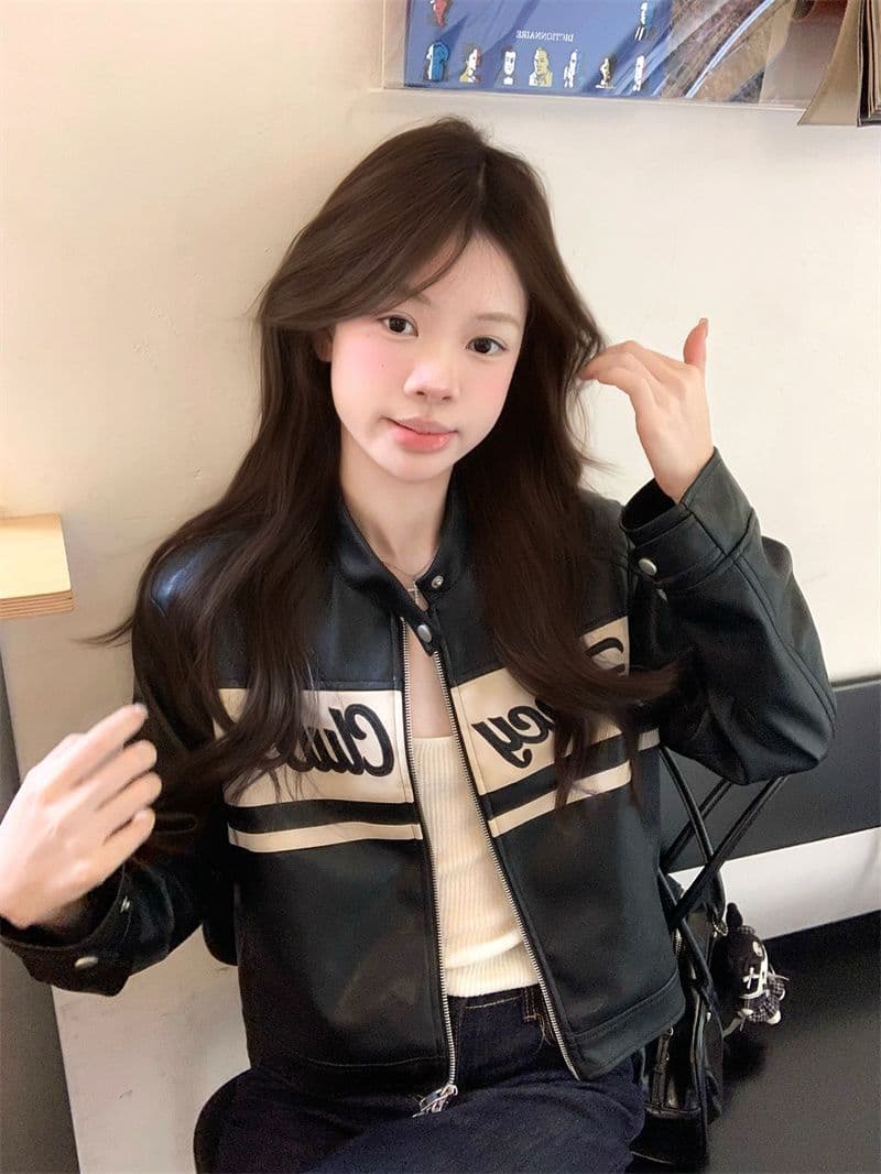 pphome 검정색 레트로 오토바이 쇼트 스타일 가죽 재킷 재킷 가을 작은 키 다용도 캐주얼 pu 가죽 자켓 맨위 이미지 2