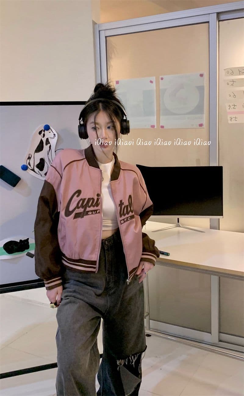 아메리칸 복잡한 고대 국가 트렌디 패치워크 배색 쇼트 스타일 야구 유니폼 가을 겨울 2026 긴팔 캐주얼 느긋한 학원 여성 코트 상세 이미지 2