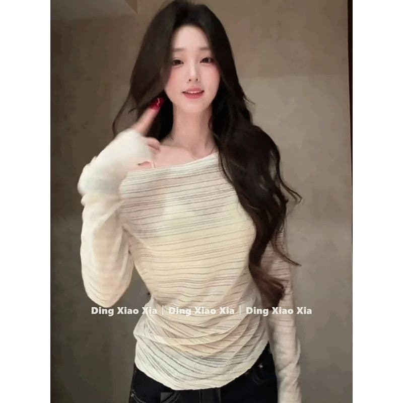 원본 은 실크 천 사이즈 충분히 추가 핏 스타일 충분하다. 루즈핏 슬림해 보이는 비스듬한 어깨 스트라이프 자외선 차단 블라우스 상세 이미지 4