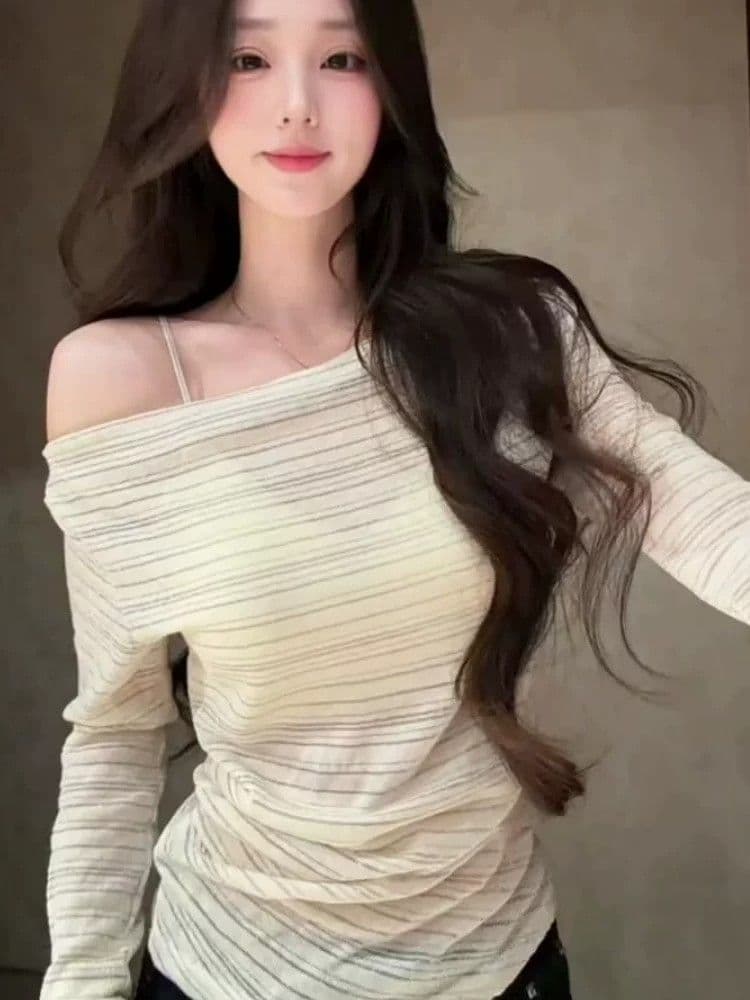 원본 은 실크 천 사이즈 충분히 추가 핏 스타일 충분하다. 루즈핏 슬림해 보이는 비스듬한 어깨 스트라이프 자외선 차단 블라우스 상세 이미지 7