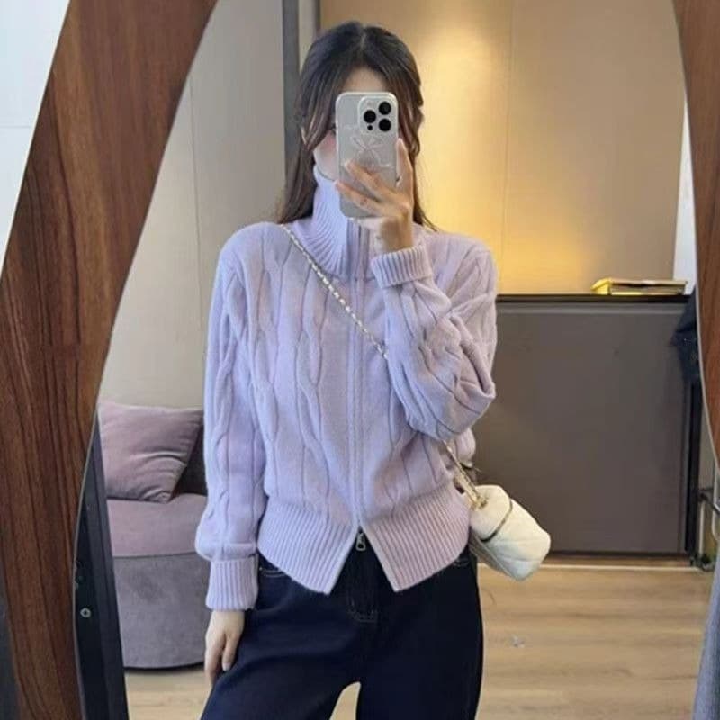 더블 지퍼 터틀넥 꽈배기 스웨터 오픈 가디건 여성 가을 겨울 슈퍼 잘 생긴 프랑스식 우유 fufu 디스플레이 화이트 황색 스웨터 코트 이미지 6